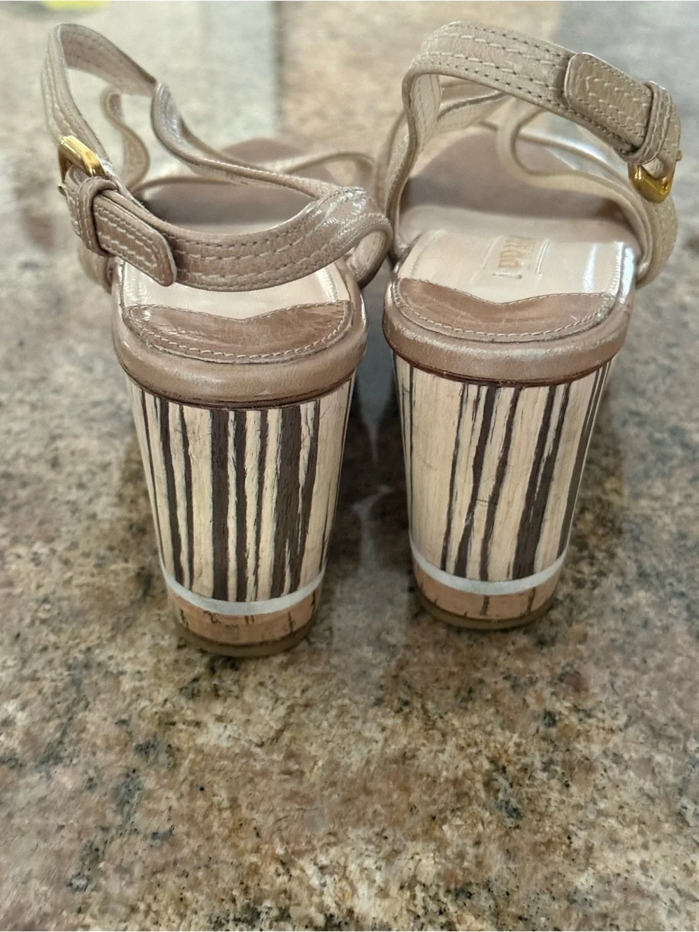 Prada Beige Leather Platform Wedge Sandals Zebra Stripe Cork Slingback 37